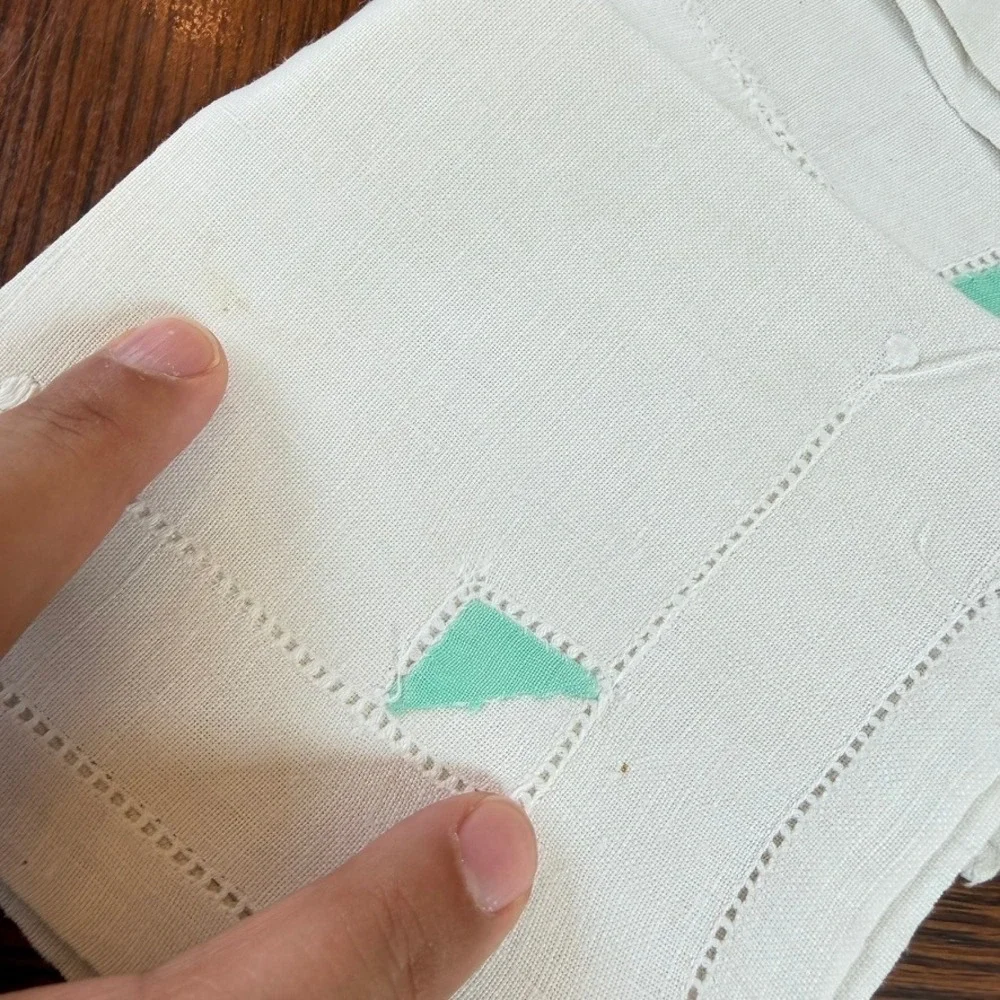 Vintage Linen Napkin Handkerchief Set 7pc Green Hemstitch Yellow Floral Applique